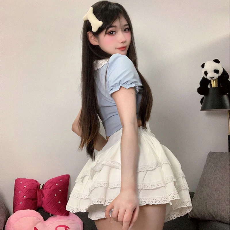 Elegant Kawaii Lolita Peter Pan Collar Bow Shirts Women Summer Sweet Puff Sleeve Blouses Y2k E-Girl Slim Fit Blue Blusas Sets