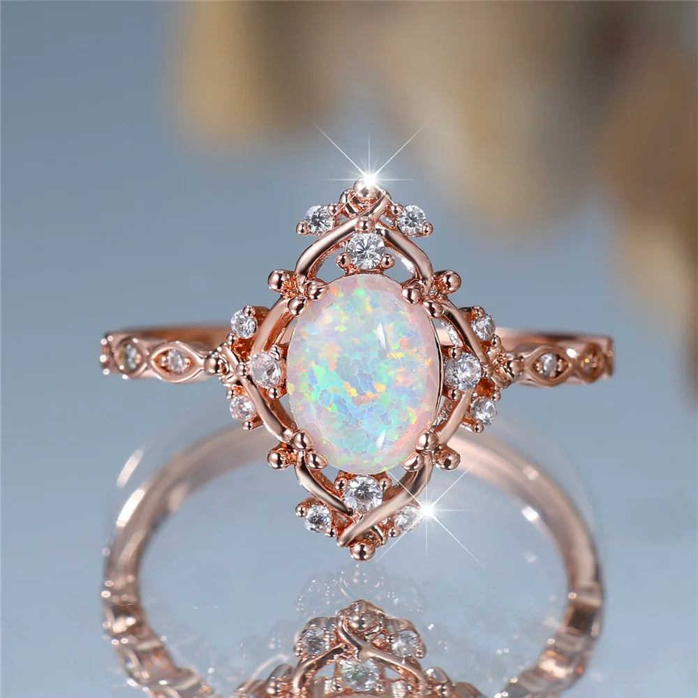 Cute Female White Fire Opal Stone Oval Ring Vintage Rose Gold Color Wedding Jewelry For Women