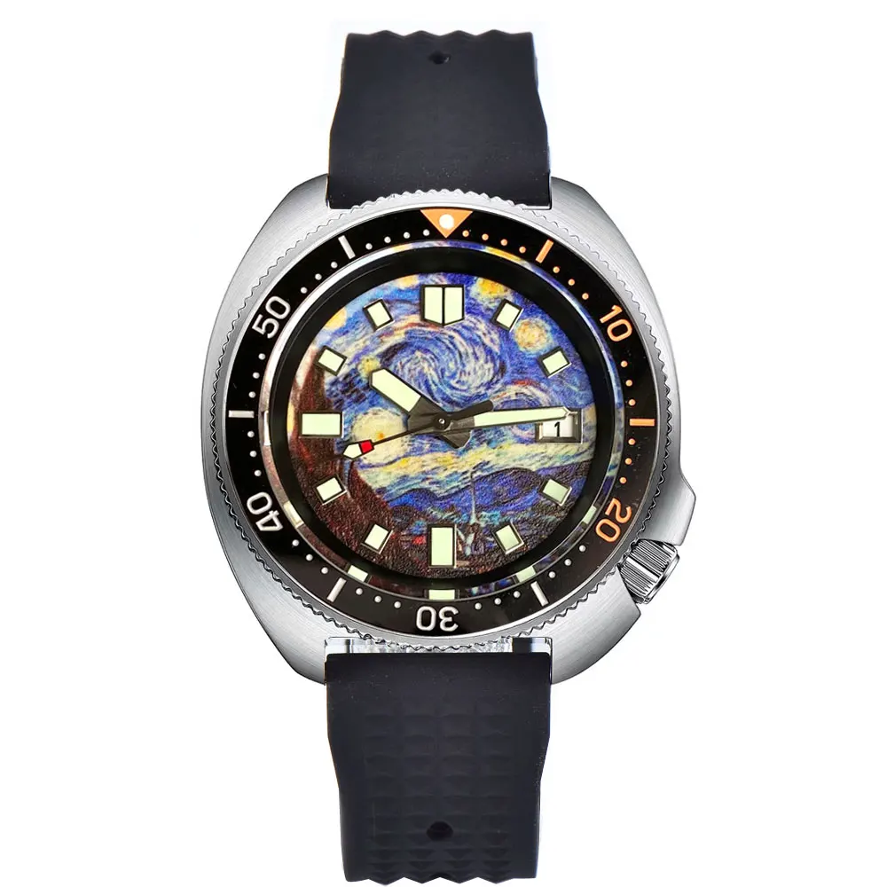 Tandorio Diver Retro, pintura al óleo de 44mm, esfera luminosa verde cielo estrellado, cristal de zafiro, 200m, impermeable, NH35A, relojes automáticos