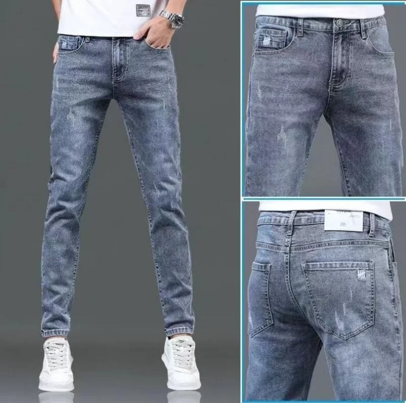 

New Spring and Autumn Blue Washed Korean Fashion Casual Solid Slim Cowboy Stretch Denim Teenagers Luxury Pants Tight Men Jeans