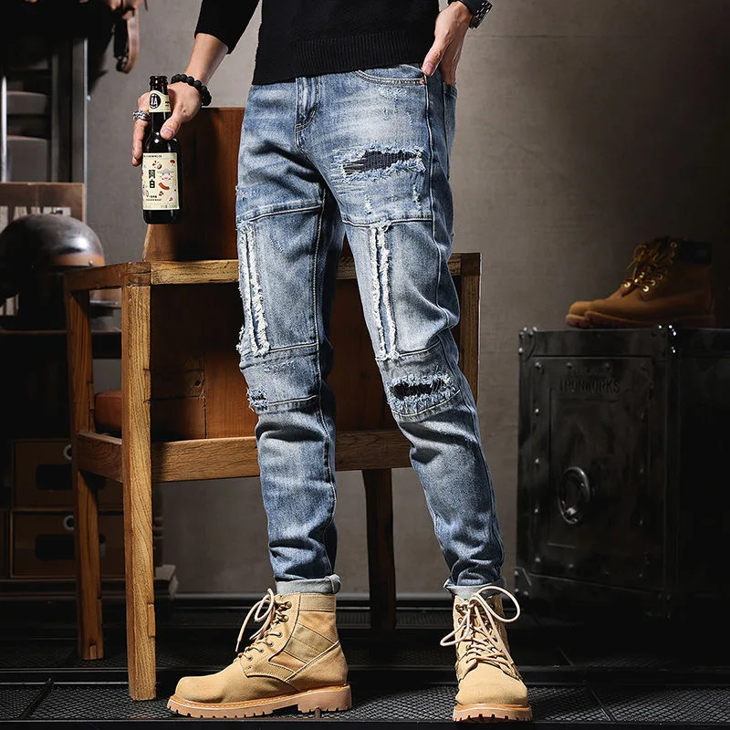 2024 Spring and Autumn New Blue Tear Vintage Small Foot Pants Men's Casual Slim Comfortable High Quality Stretch Jeans 28-36