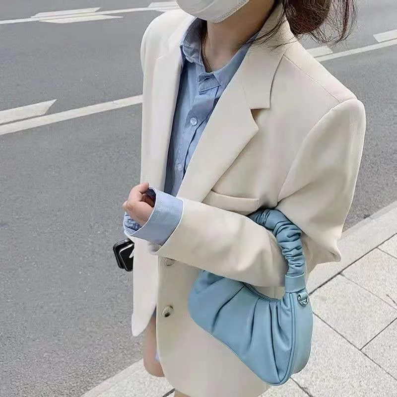 Elegant Solid Color Button Spliced Pockets Korean Blazer Women\'s Clothing 2023 Autumn New Casual Tops Loose Office Lady Blazers