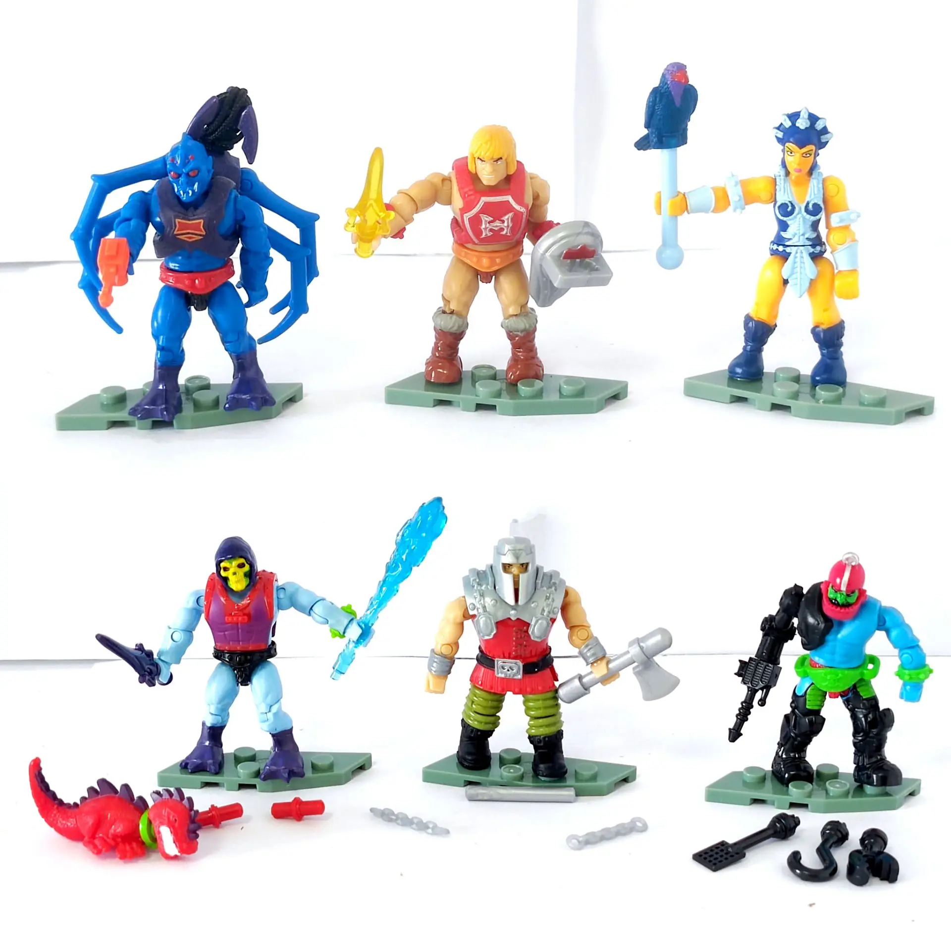 Mega Construx Motu Snake Mountain Thunder Punch Heman Skeletor Evil-Lyn Trap Jaw Webstor Ram Man Mini figura de acción suelta de 2"
