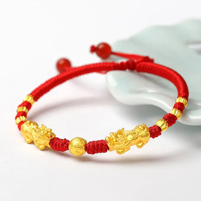 UMQ 24K Real Gold Plated Brave Bracelet Gold Swallowing Beast for Men and Women Red Rope Woven Jewelry Lucky Beads Not Deformed