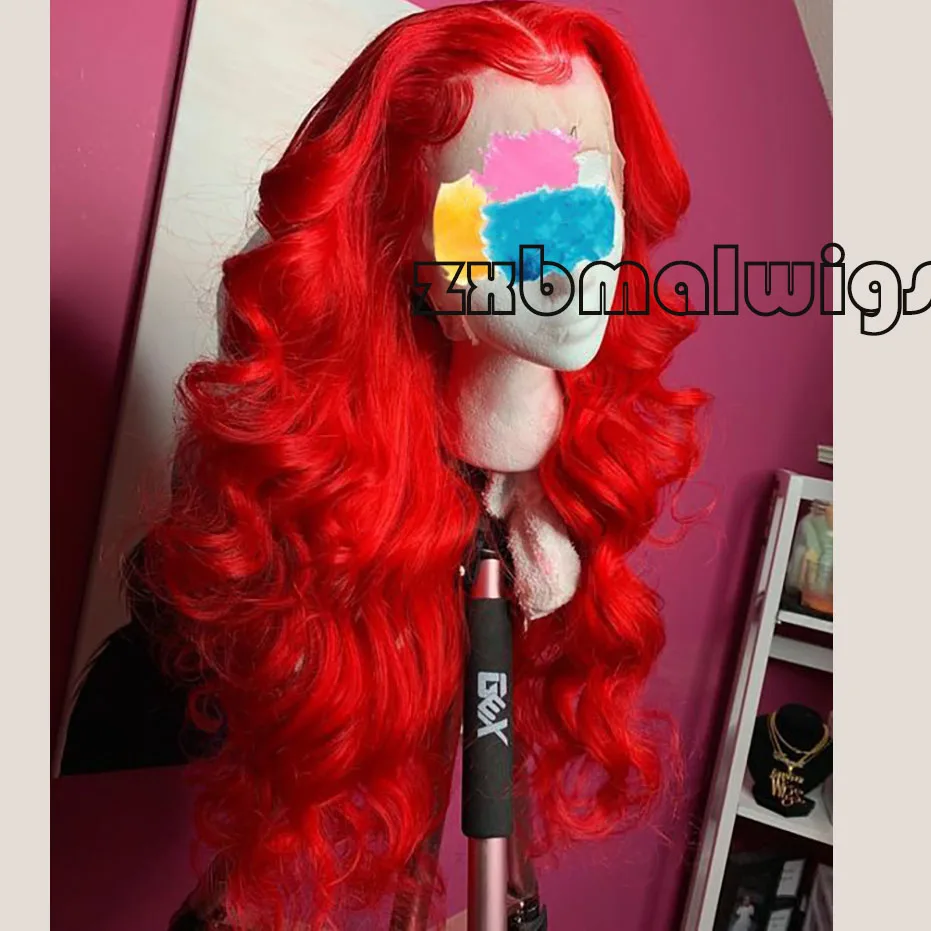 Bright Red  Long Body Wave Synthetic Hair Lace Front Wigs Straight Wavy for Women Pre Plucked  Lace Frontal Wig