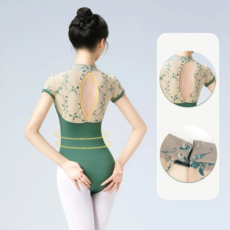 Damski trykot baletowy z krótkim rękawem z golfem body do tańca haftowane stroje baleriny czarny trykot gimnastyczny do jazdy na łyżwach