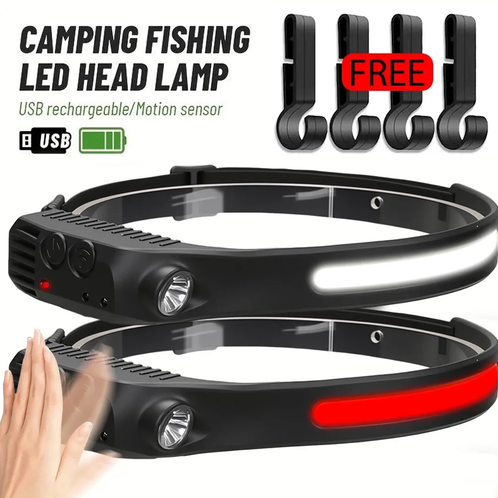 Linterna frontal LED Industrial con Sensor COB, linterna frontal recargable con batería integrada 18650, linterna para acampar y pescar al aire libre