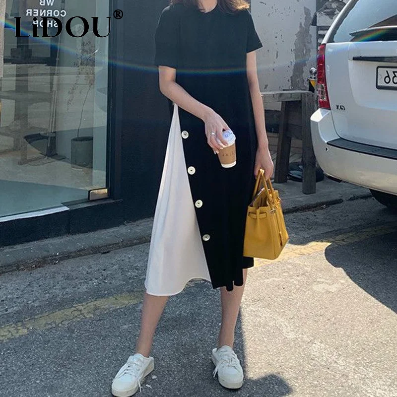 Summer Short Sleeve Tshirt Dress Women Button Asymmetrical Robe Korean Style Contrast Color Patchwork Fake Two Pieces Clothes