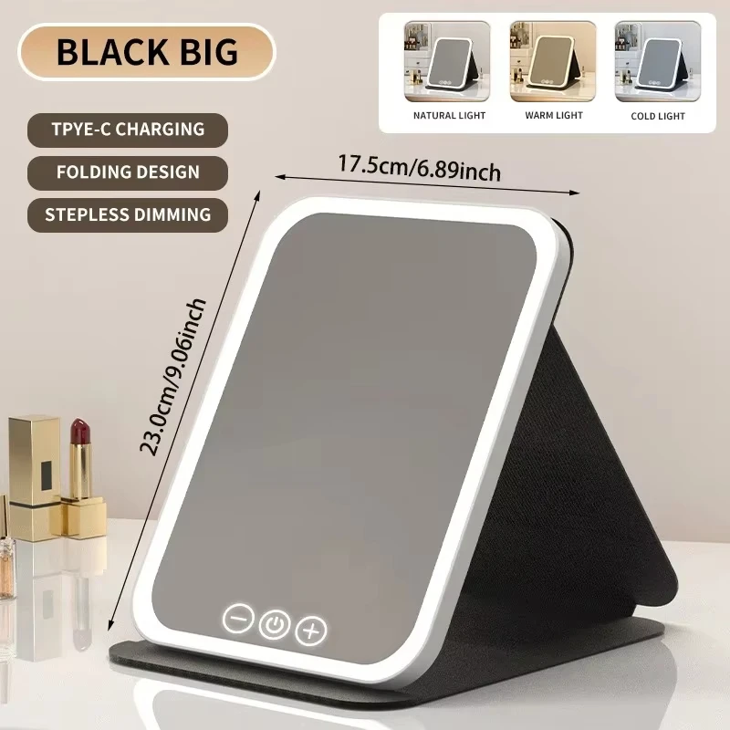 GGbingo 3 kleuren dimbare LED make-up spiegel met touchscreen, opvouwbare cosmetische make-up spiegel, oplaadbaar, tafelmodel voor reizen & thuis