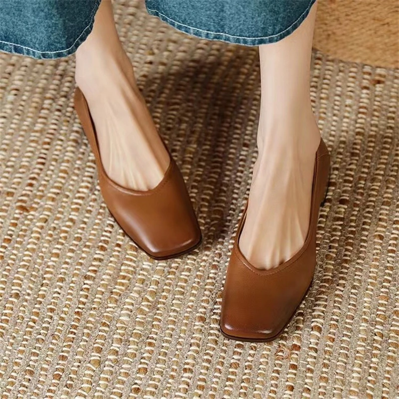 Autumn Woman Elegant Square Toe Concise Shoe 4CM High Heels Female Shallow Mouth Mary Jane Shoes Brown Women Comfortable Loafers