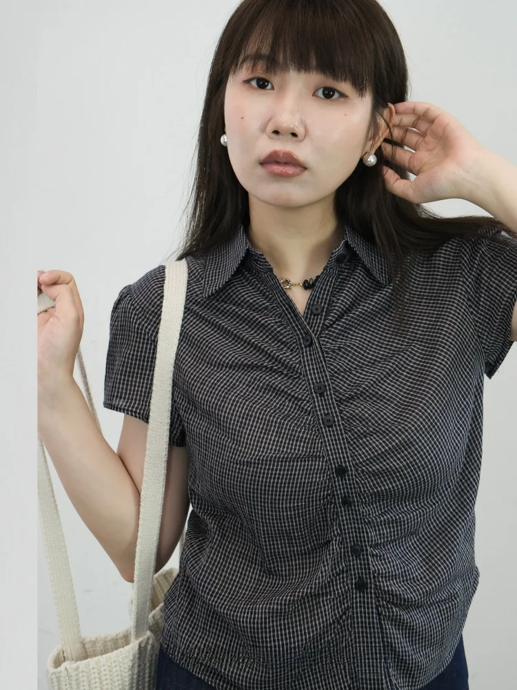 

Ретро-рубашка в мелкую клетку с коротким рукавом, женская, в корейском стиле, прямого кроя, из чистого хлопка, дышащая, летняя