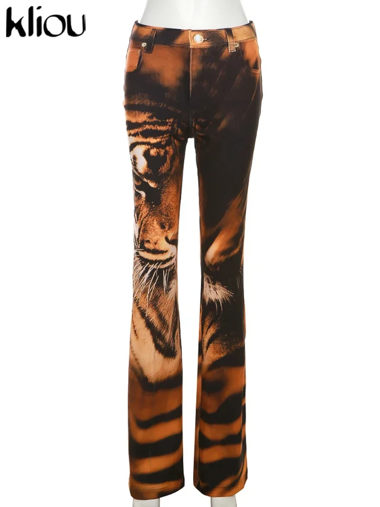 Kliou Unique 3D Tiger Print Pants Women Hipster Stunning High Waist Skinny With Button Flare Trousers Female Cool Y2K Leggings