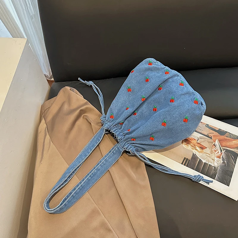 Cherry Embroidery Denim Drawstring Bucket Bag Women Lightweight Shoulder Handbag Vintage Jean Tote Daily Casual Shopping Bag