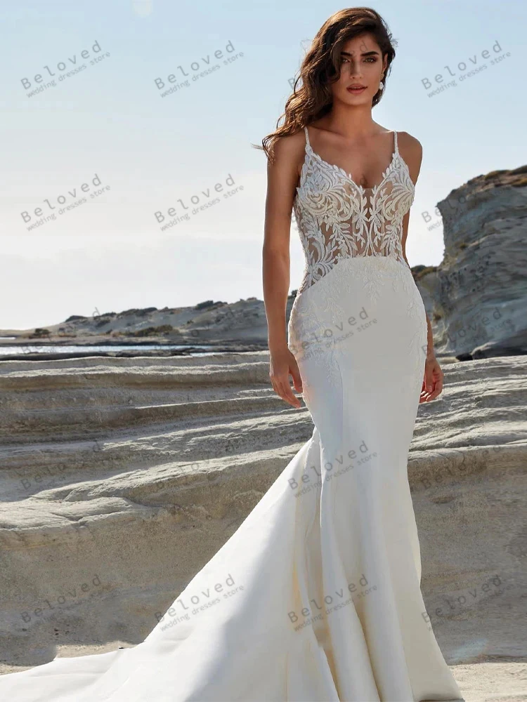 Classic Wedding Dresses Satin Bridal Gowns Sexy Backless Sleeveless Sheath Mermaid Lace Appliques Vintage Vestidos De Novia 2024