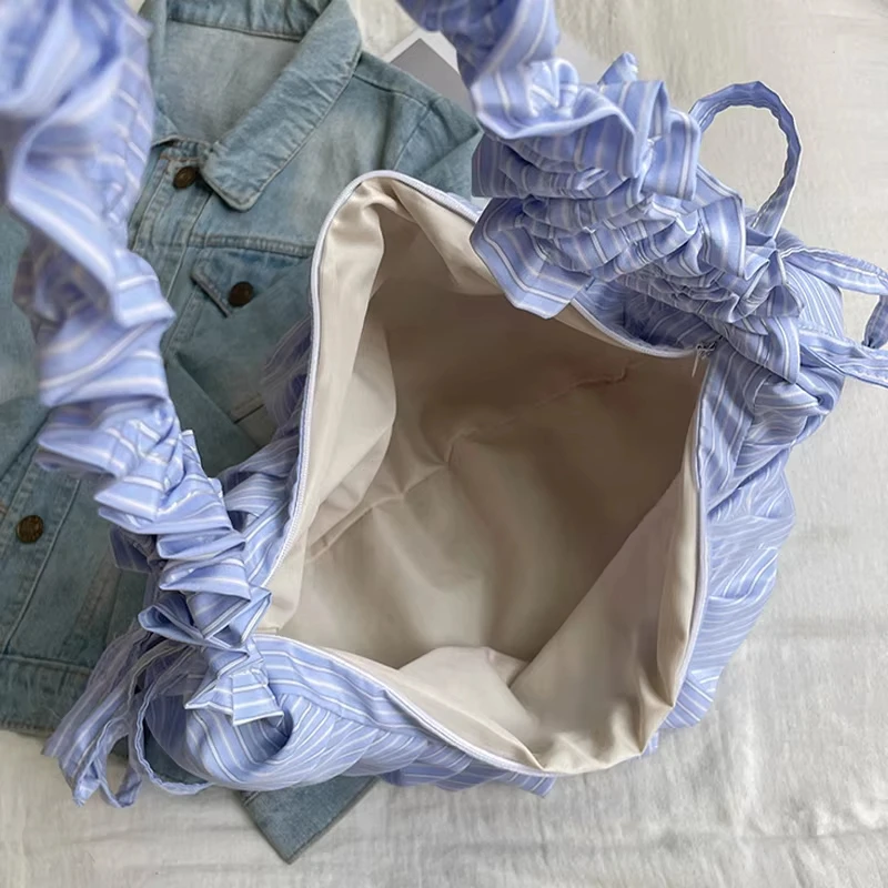 Gestreifte Plissee-Umhängetasche mit Kordelzug, koreanische weiche lässige Dumpling-Cloud-Tasche, Damen-Handtasche mit großer Kapazität und geringem Gewicht – Detail 3
