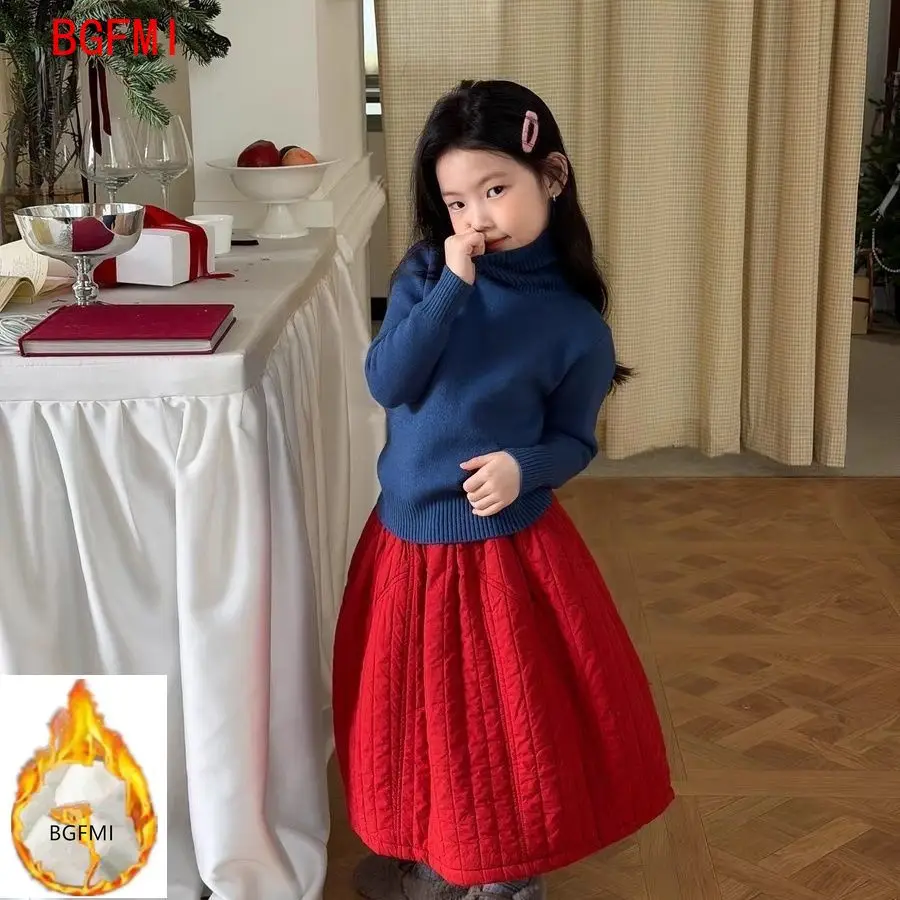 Baby Girls Red Cotton Skirt 2026 Autumn Winter New Korean Retro Art Simple and Lightweight Quilted Cotton New Year's Skirt 2-10Y