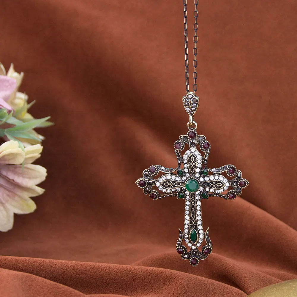 Sunspicems Vintage Flower Cross Necklace For Women Religious Jewelry Antique Gold Color Turkish Cross Pendant Necklace