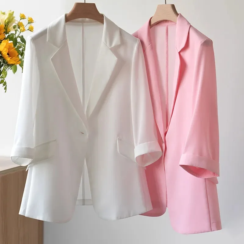 Women Solid Blazers Coat Fashion Slim Suits Female Casual Three-Quarter Sleeve Chic Tops Thin Office Lady Blazer Spring Summer