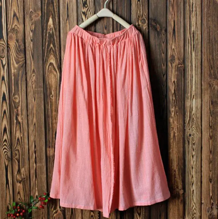Autumn 2026 New Vintage Cotton Linen Pleated Skirts Women Long Maxi Tulle Solid Casual Skirt Elastic Waist Chic Vintage Clothes