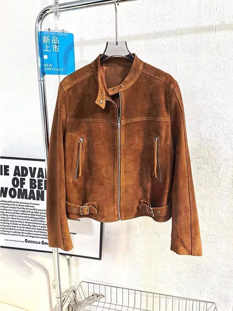 Streetwear Women Vintage Sheepskin Suede Motorcycle Jacket Stand Collar Genuine Leather Short Coat Zipper New Casual Outerwear