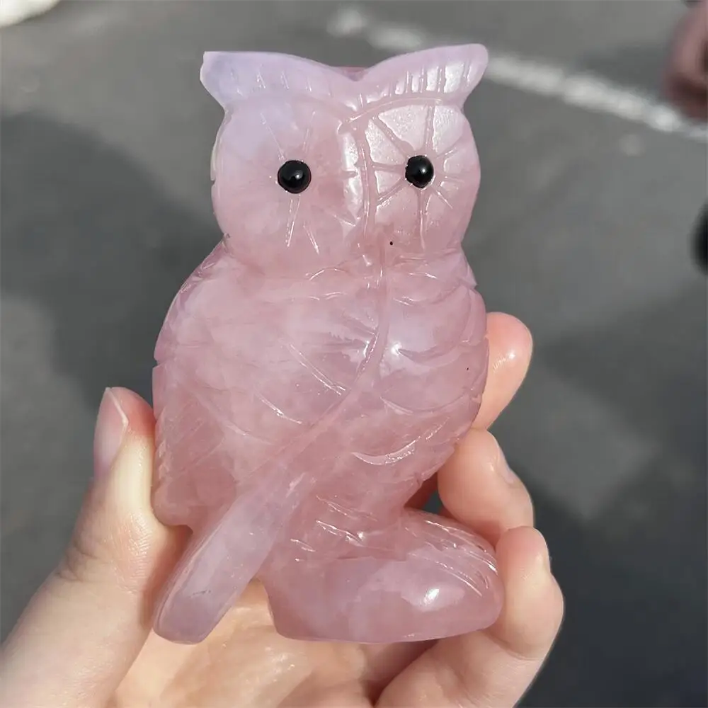 

1PCS Natural Rose Quartz Owl Statue Carving Healing Fengshui Stone Crystal Animal Sculpture for Holiday Craft Christmas Gift