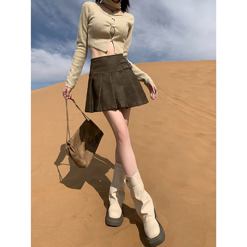 Women's Retro Washed Pleated Leather Skirt Autumn And Winter New Half-length Leather Skirt