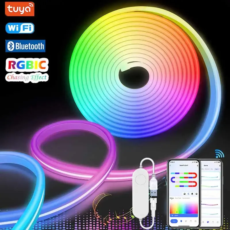 TUYA WiFi Neon RGBIC Strip Light Smart LED Lights Ribbon Lighting USB 5V Lamp Smart APP Dream Color Waterproof Neon Decor Strips