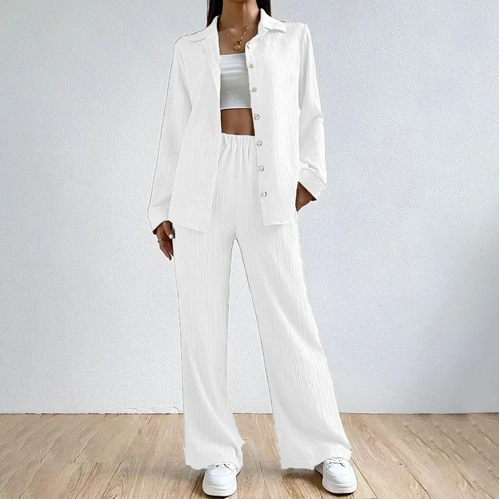 Holiday Loose Straight Leg Pants Casual Women Clothing Brand New Button-down Shirt Lapel Neckline Polyester Fabric