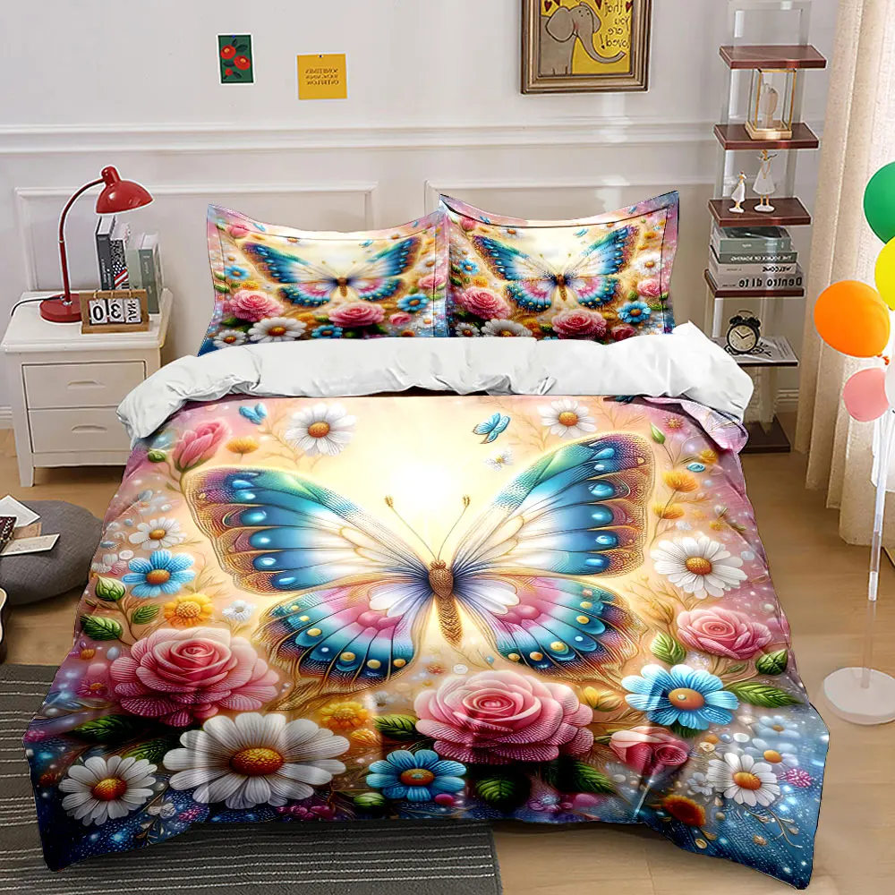 Vibrant butterfly and blooming flowers Printed Duvet Cover Set1 Duvet Cover+2 PillowcaseMulti Size Bedroom Bedding Decor