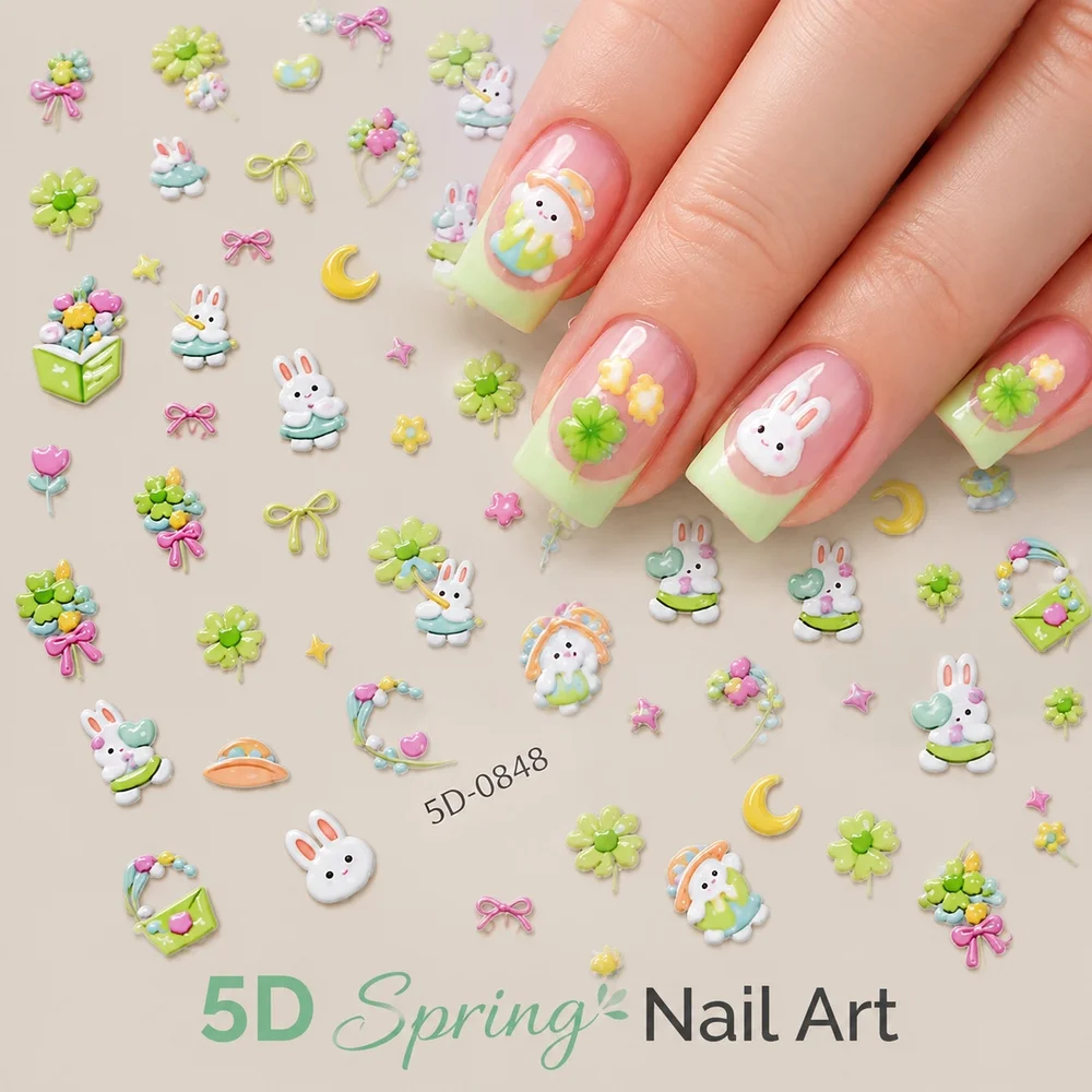 1Pc Y2K Cute Spring Nail Decals 5D Raised Hat Rabbit Four Leaf Clover Pattern Waterproof Single Sheet Self Stick Sticker
