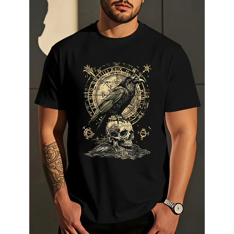 Viking Crow Skull Gothic Retro Steampunk T-shirt Cotton Breathable Unisex Oversized Trendy Y2K T-shirt