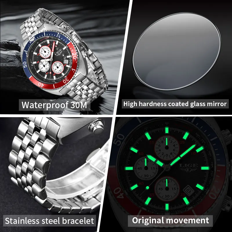 LIGE Luxury Man Watch Stainless Steel Strap Business Fashion Quartz Watch Mens Casual Sport Waterproof  Calendar Watches For Men