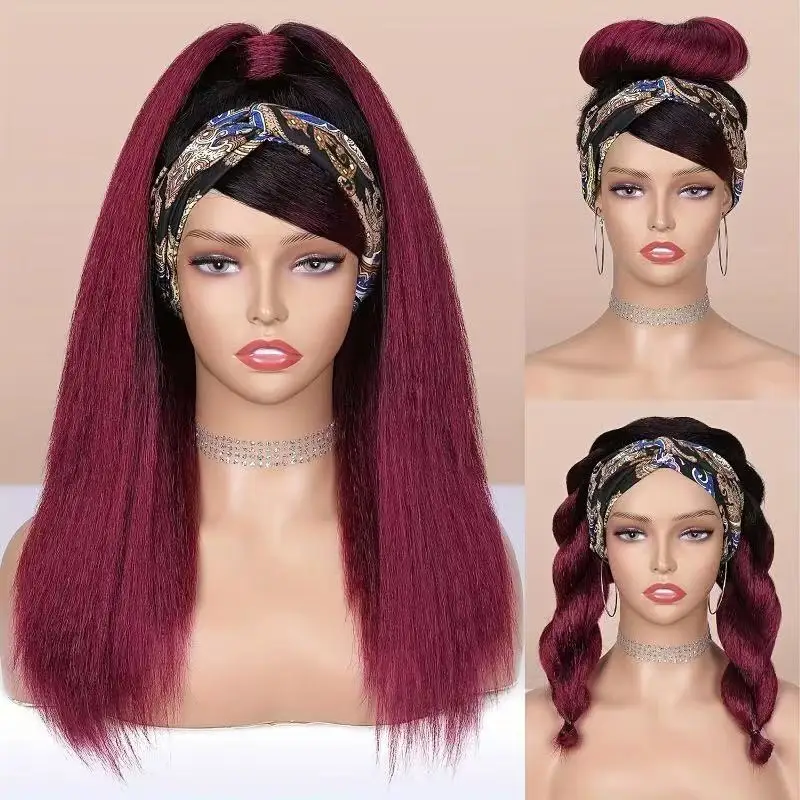 Self use long straight hair wig, burgundy color, vintage patterned headscarf style, with smooth and easy to comb hair