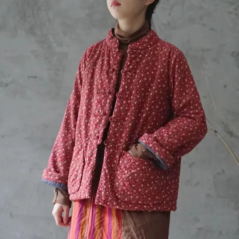 Warmth Thickened Retro Floral Button Cotton Jacket Artistic Style Winter New Arrival Small Flowers Pattern Stand Collar Coat