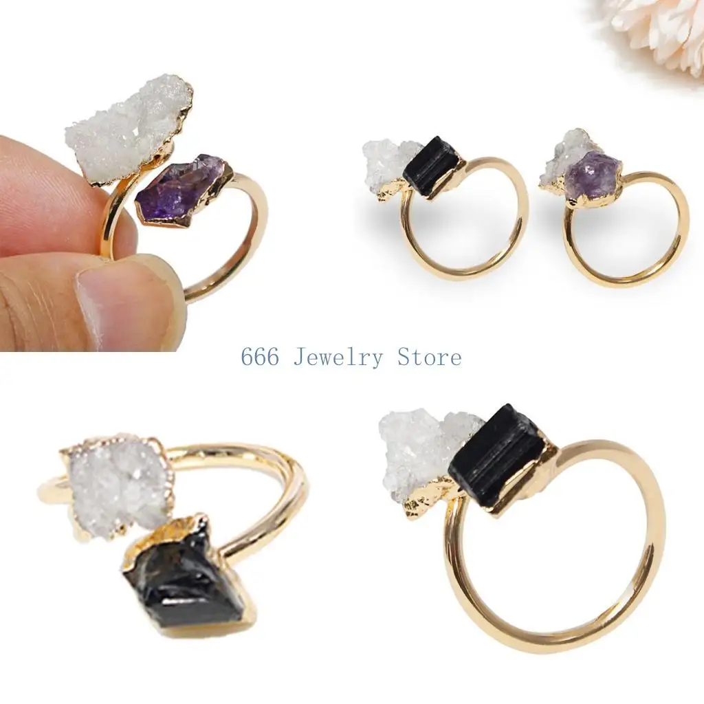 F2TD Resizable Crystal Cluster Finger Rings Tourmaline Rings Handmade Adjustable Open Rings Accessory for Women and Girls