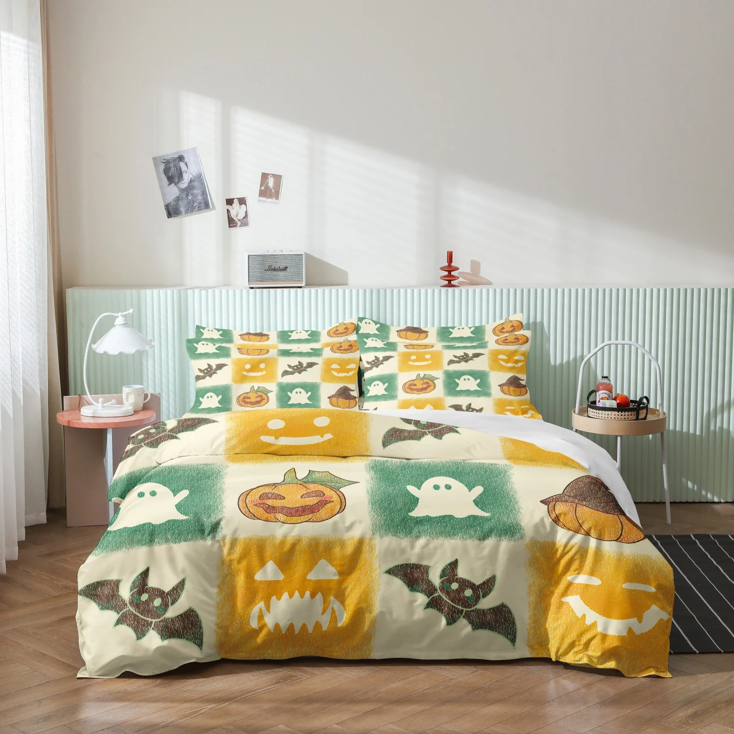3 Pieces Cute Halloween Checkered Print Duvet Cover Set, Retro Grid Pumpkin Ghost Bat Hand‑Draw Print Bedding