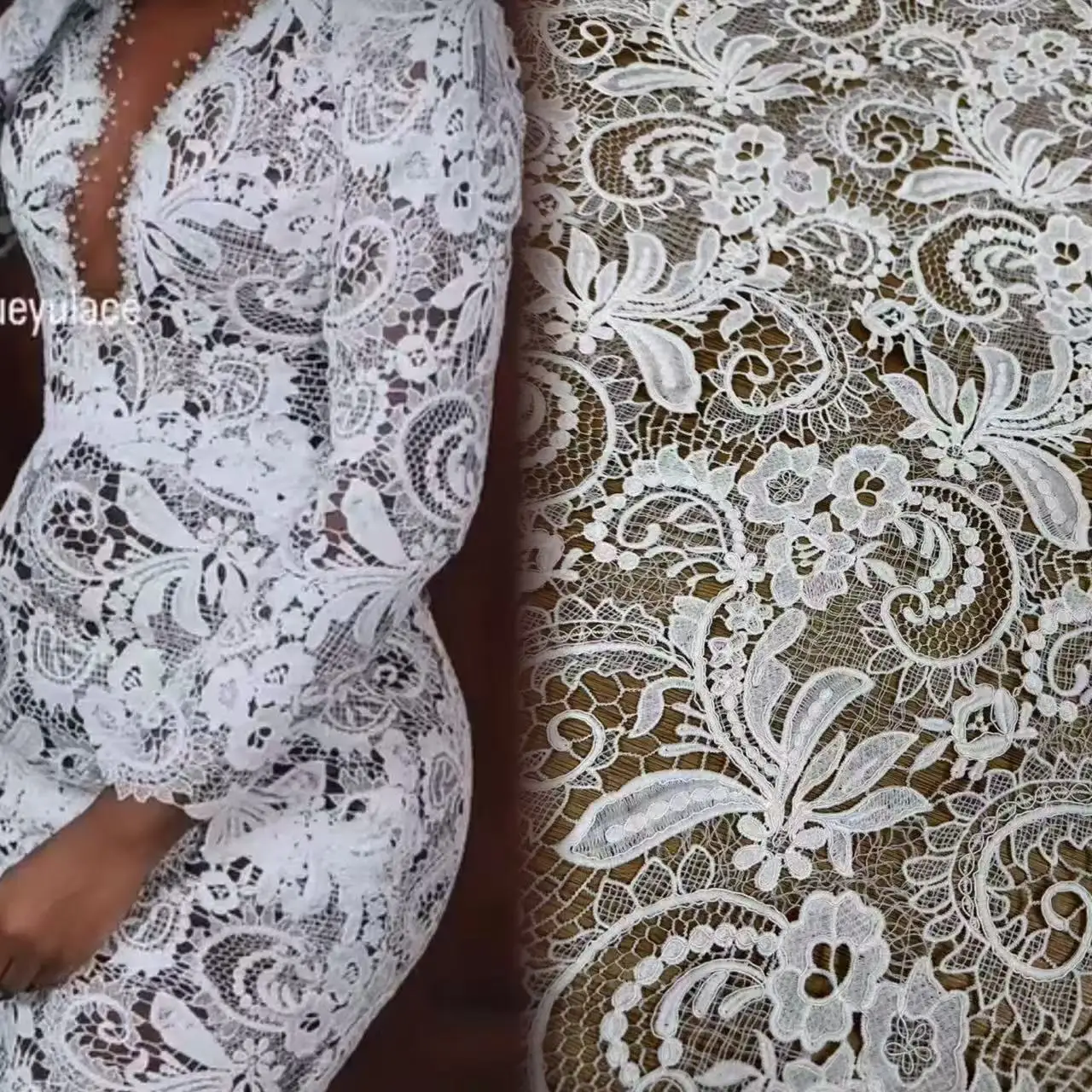 NEU Hochwertiger Kordel-Stickerei-Guipure-Spitzenstoff für Modische Hochzeitskleider Französische Chantilly-Spitze