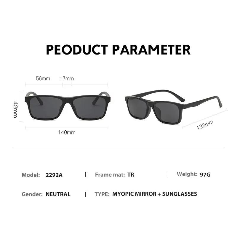 6 In 1 Polarized Clip Optical Magnetic Sunglasses Clip On Magnet Prescription Myopia PC Glasses -0.5 TO -6.0 Square Frame
