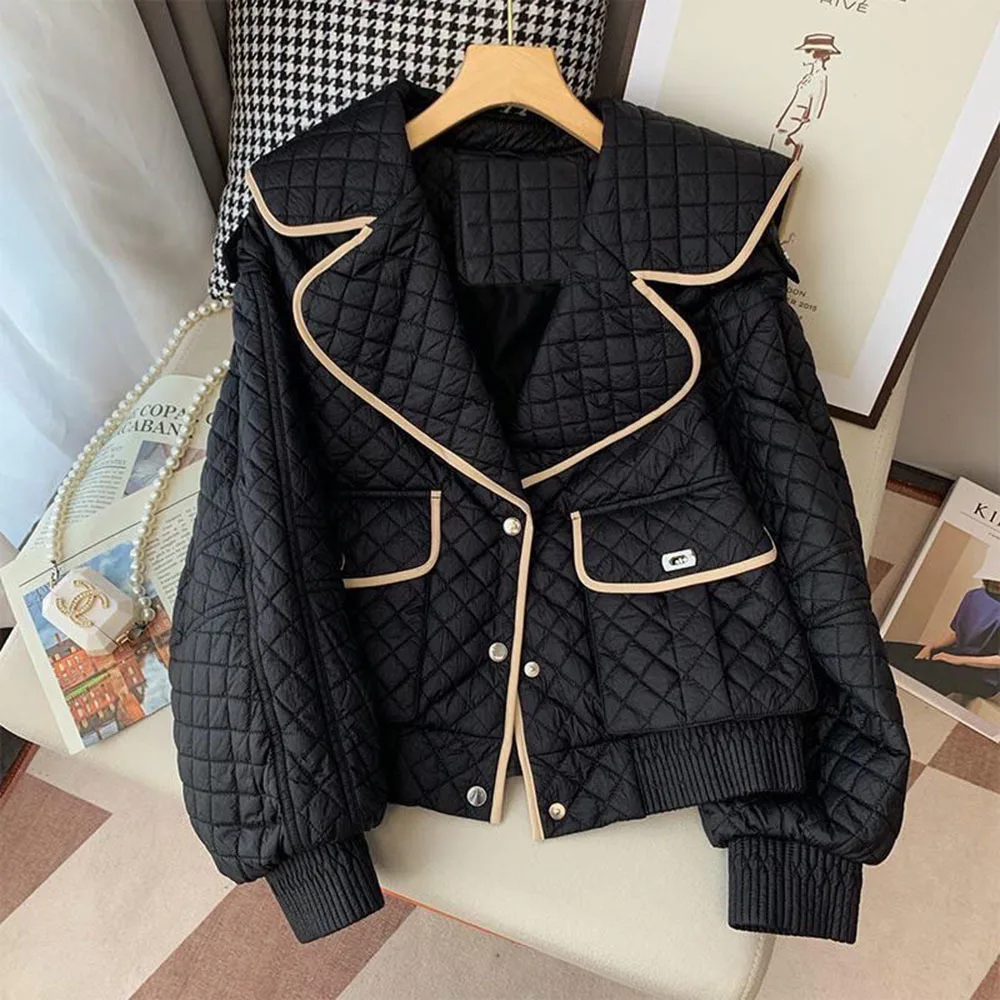 Winter Cotton Padded Jacket Woman Sweet Sailor Collar Coat Fashion Long Sleeve Lightweight Overcoat Female Vintage Plaid Outwear