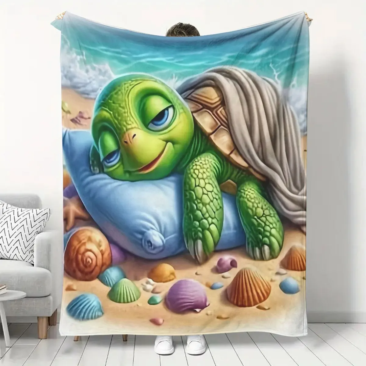 Cartoon Sleepy Sea Turtle Resting On Pillow Colorful Seashell Sandy Beach Ocean Underwater Pattern Flannel Blanket