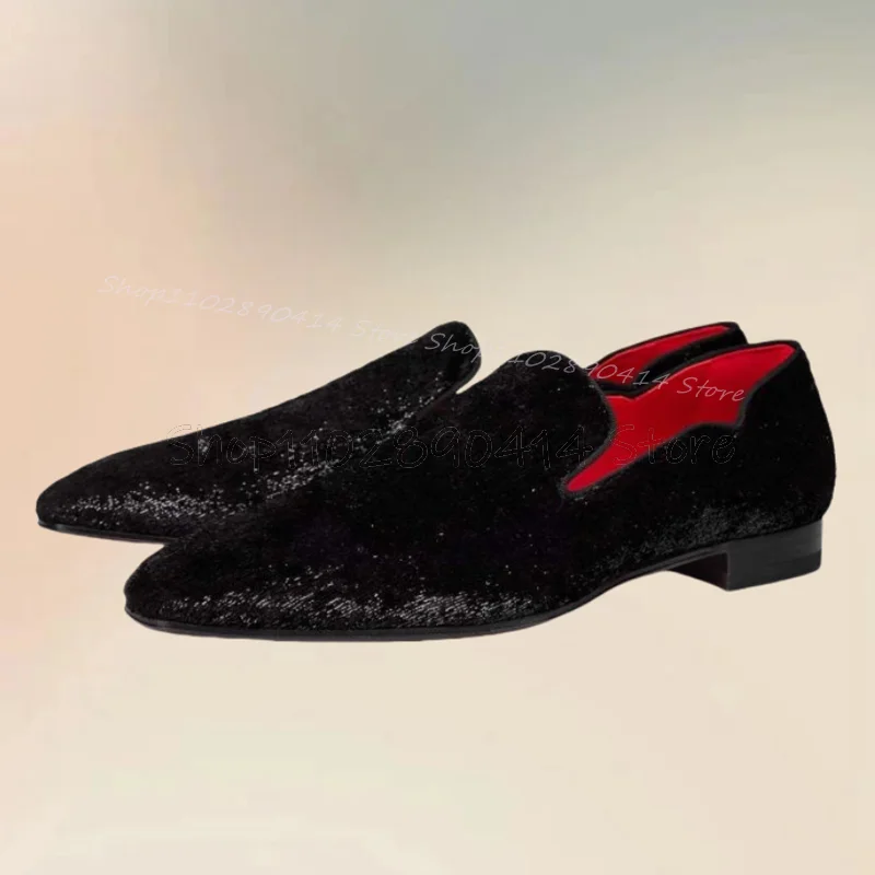 

Black Sequins Suede Low Top Men Loafers Fashion Slip On Men Shoes Luxurious Handmade Party Feast Banquet Office Men Casual Shoes