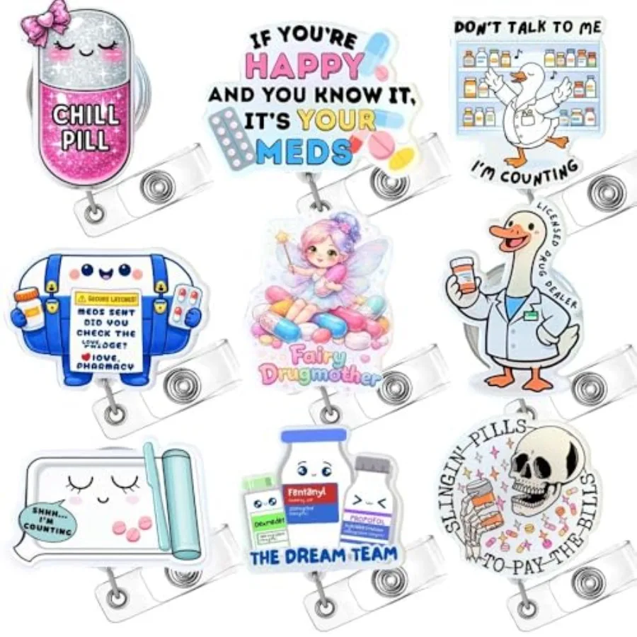 9PC Badge Reel Fairy Drugmother Silly Goose Medical Humor ID Name Holder with Alligator Clip Gifts for Pharmacists Doctor Healt