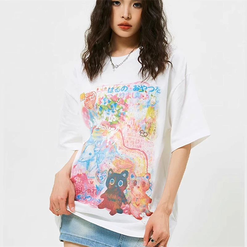 japanese kanji bear anime t shirts teens couples oversized summer tee Fashion Letter Harajuku Y2K Short Sleeve tops loose casual