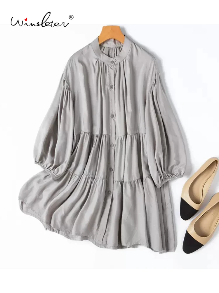 

Winsleter, 70%Natural Silk Elegant Shirt, Woman Puff Sleeve Stand Solid, French Sweet Loose Blouses, 2024 Summer Autumn T48164QC