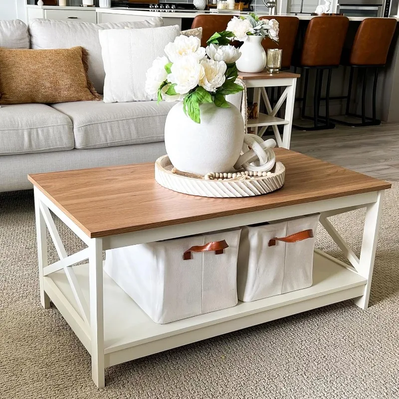 Coffee Table Modern Coffee Tables with Storage for Living Room Shelf 2 Tiers, Farmhouse Coffee Table Set