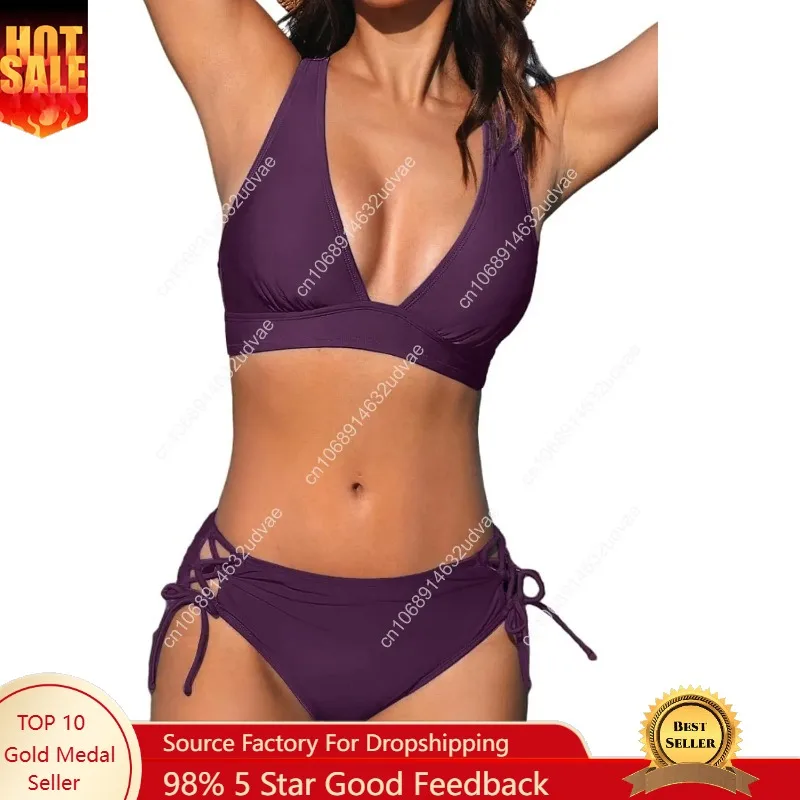 

Bikini Set for Women Two Piece Swimsuit V Neck Triangle Top Wide Straps Cross Back Lace up Mid Rise