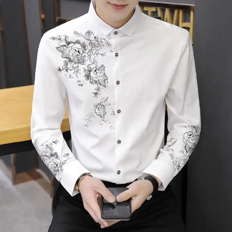 Spring Business Casual Long-sleeved Polo Collar Men\'s Shirt Button Floral Printing Korean Fashion Slimming Fashion Commute Tops