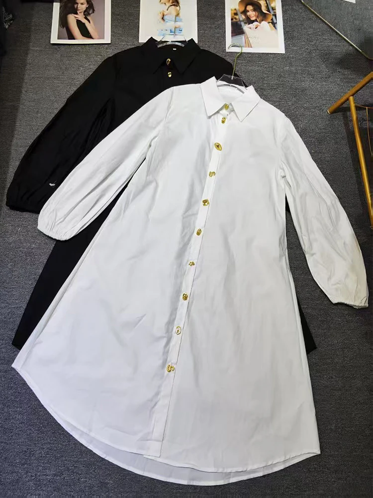 25 أوائل الربيع المرأة الجديدة التلبيب صف واحد قميص فضفاض بأكمام طويلة تنورة موضة بلون مزاجه فستان طويل ألف خط