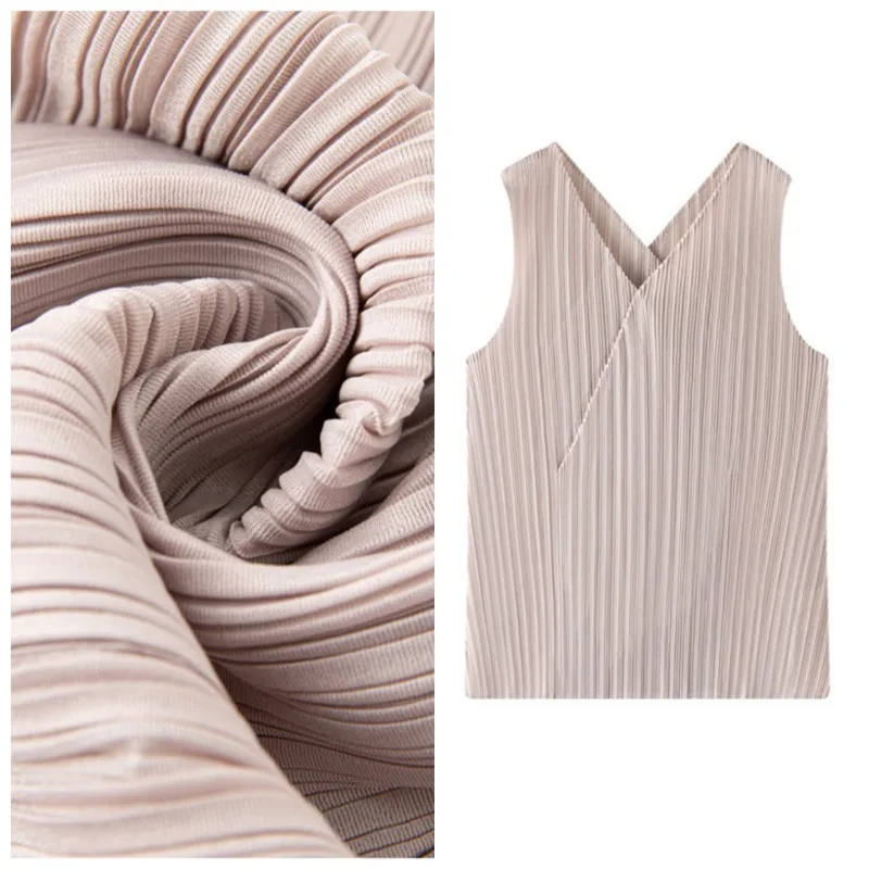 Miyake Pleated T-Shirt Plisse V-Neck Design 2026 Summer New Pleats Top Niche Texture Solid Color Fold Vest Solid Color Clothing
