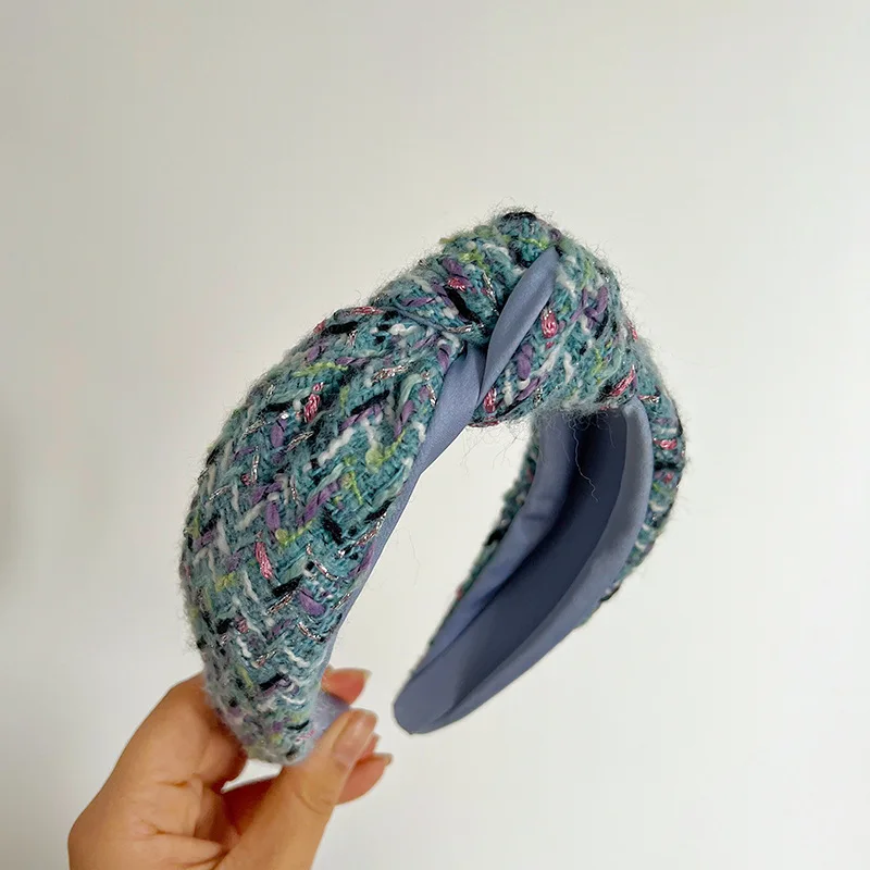 Women Girls Blue Woolen Plaid Knot Hairband Headband Adult Hair Accessories Hair Jewley